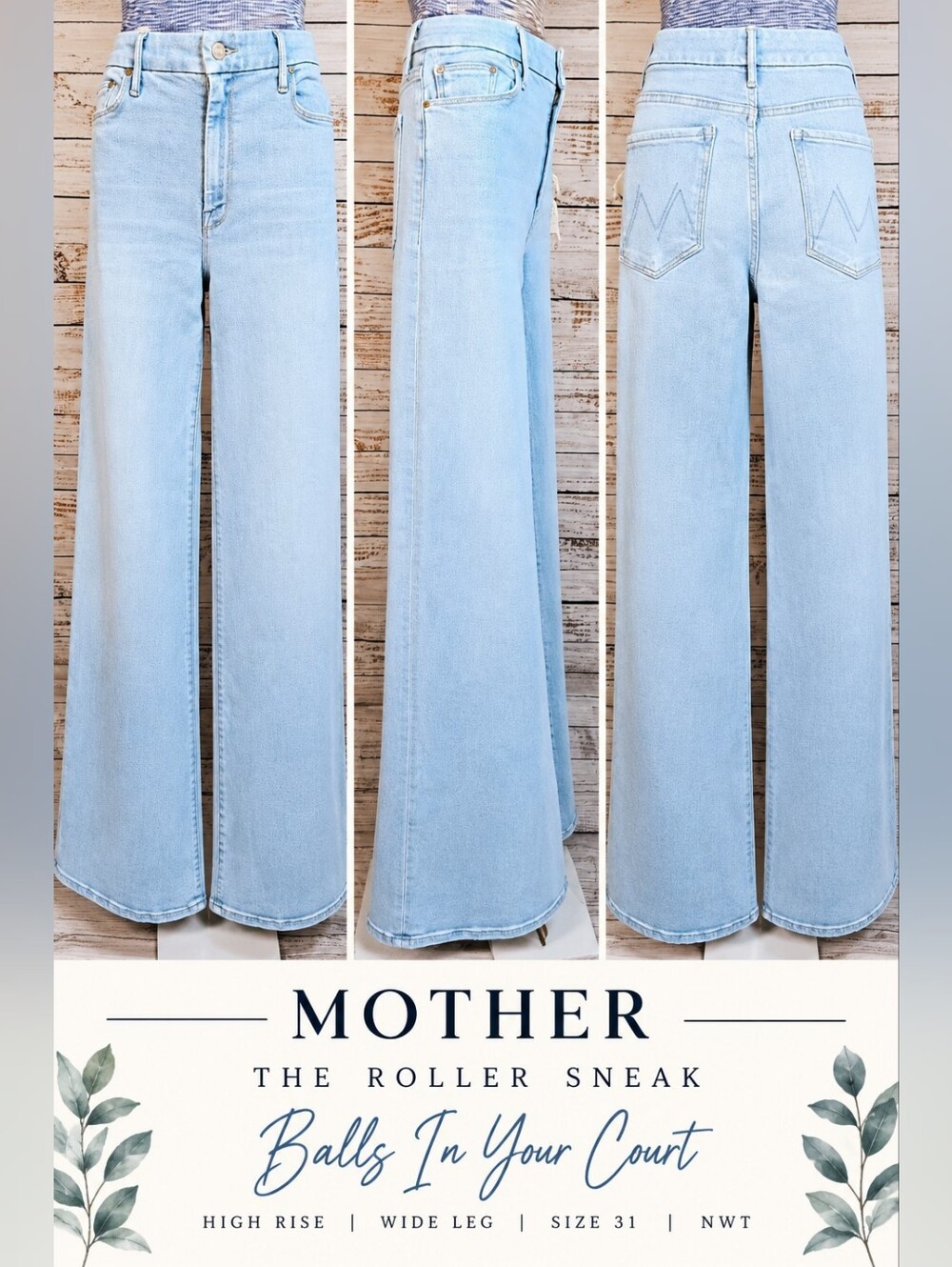 MOTHER The Roller Sneak High Rise Wide Leg Jeans 31 Balls In Your Court NWT